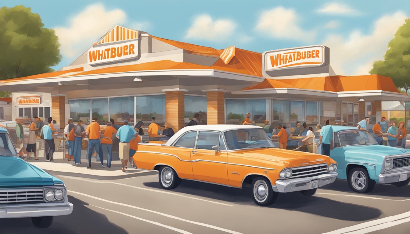 A bustling Whataburger restaurant in a small Texas town, with a line of cars at the drive-thru and a diverse group of customers dining inside