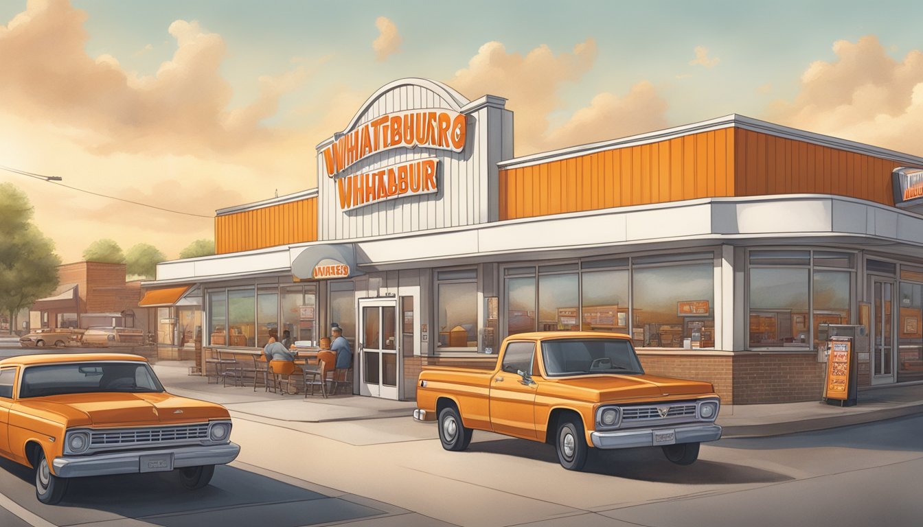 A bustling Whataburger restaurant surrounded by other fast-food chains in a Texas town, with a focus on the economic impact and community presence