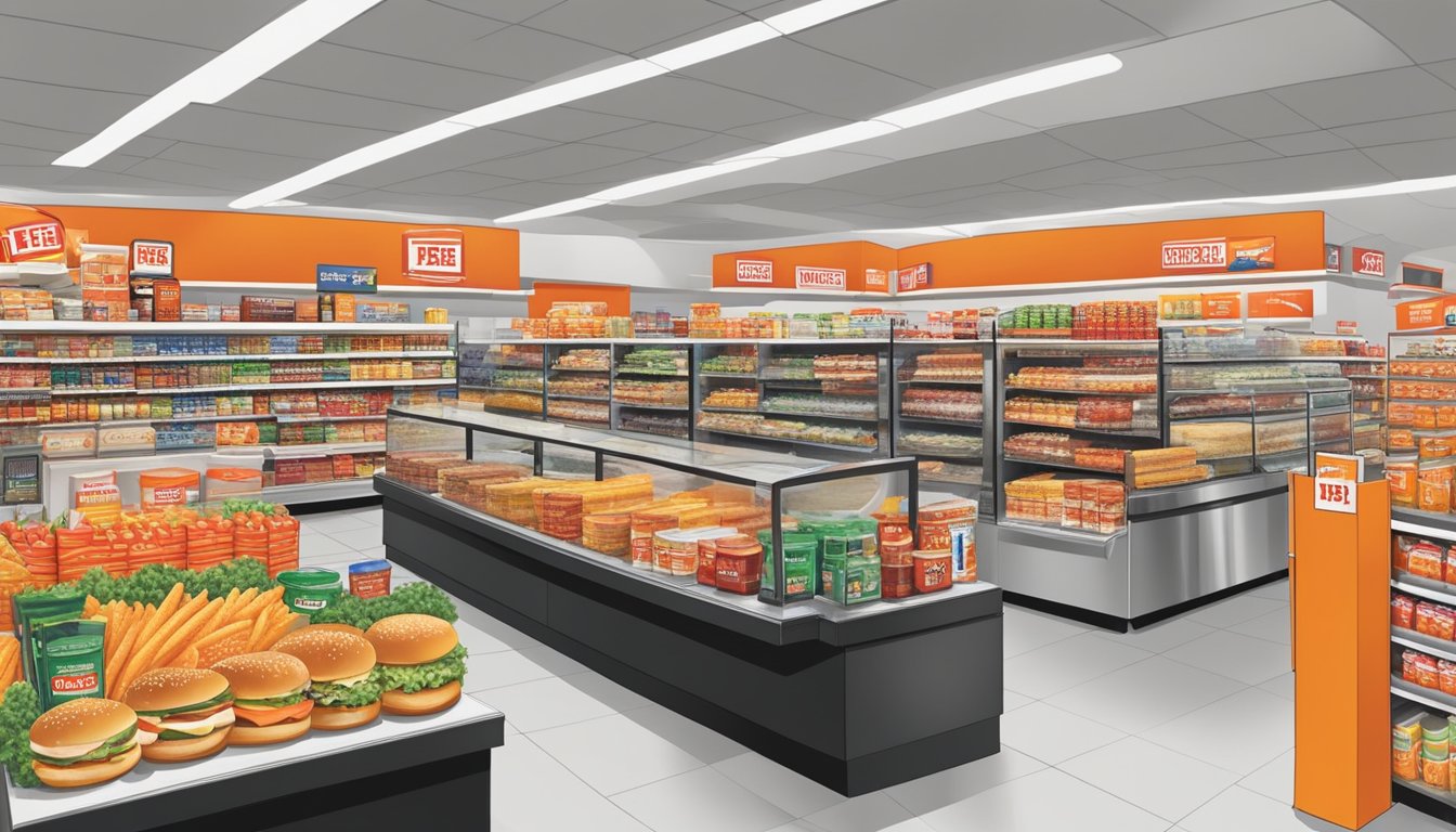 A bustling H-E-B store in Texas with shelves stocked full of Whataburger-branded products, including sauces, condiments, and other favorites from the iconic fast-food chain