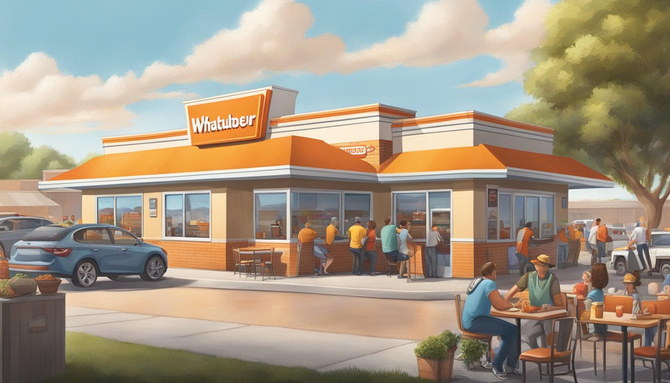 A bustling Whataburger restaurant in a small Texas town, surrounded by local businesses and a diverse group of customers enjoying their meals