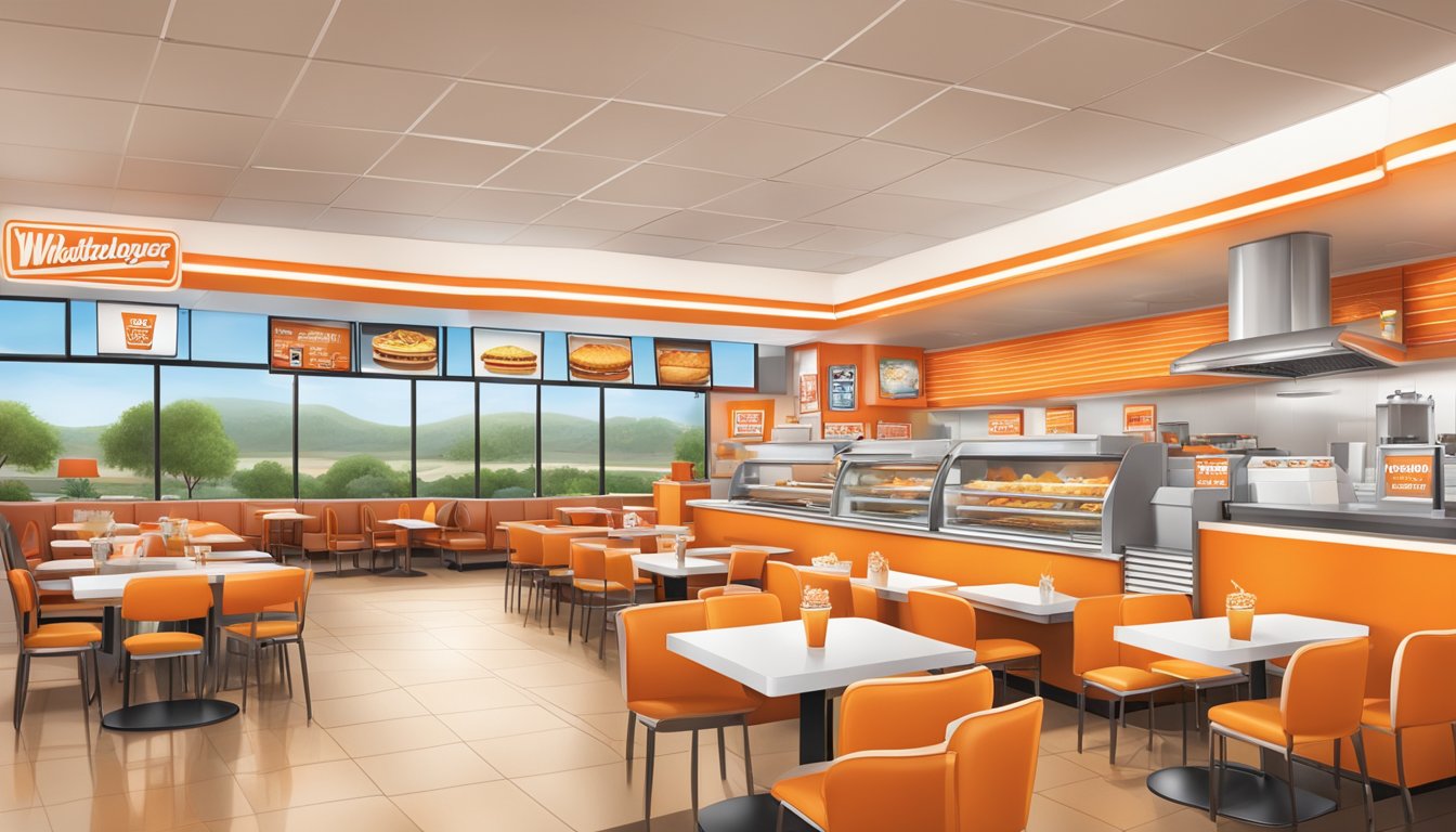 A bustling Whataburger restaurant with a warm, welcoming atmosphere, friendly staff, and iconic orange and white decor