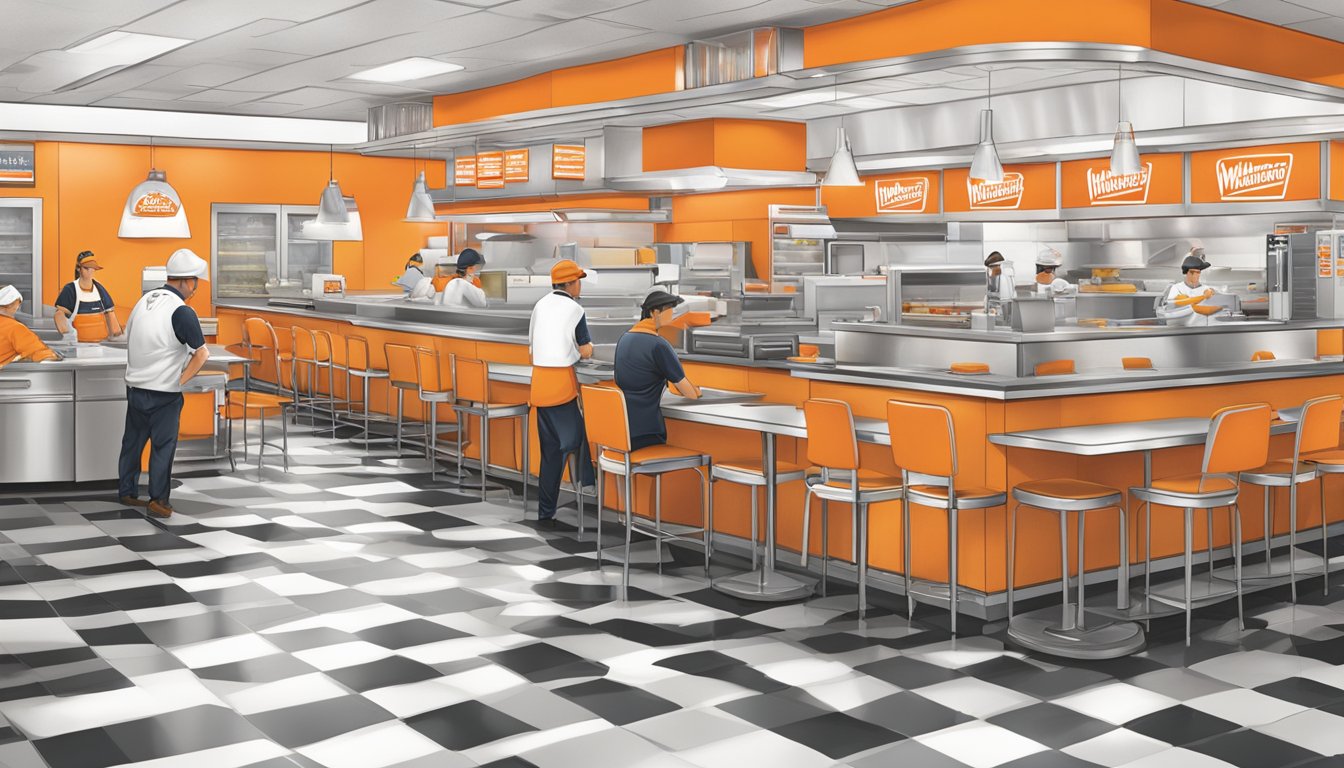 A bustling Whataburger restaurant with employees serving customers, while others work in the kitchen and managers oversee operations. The iconic orange and white color scheme is prominent throughout the scene