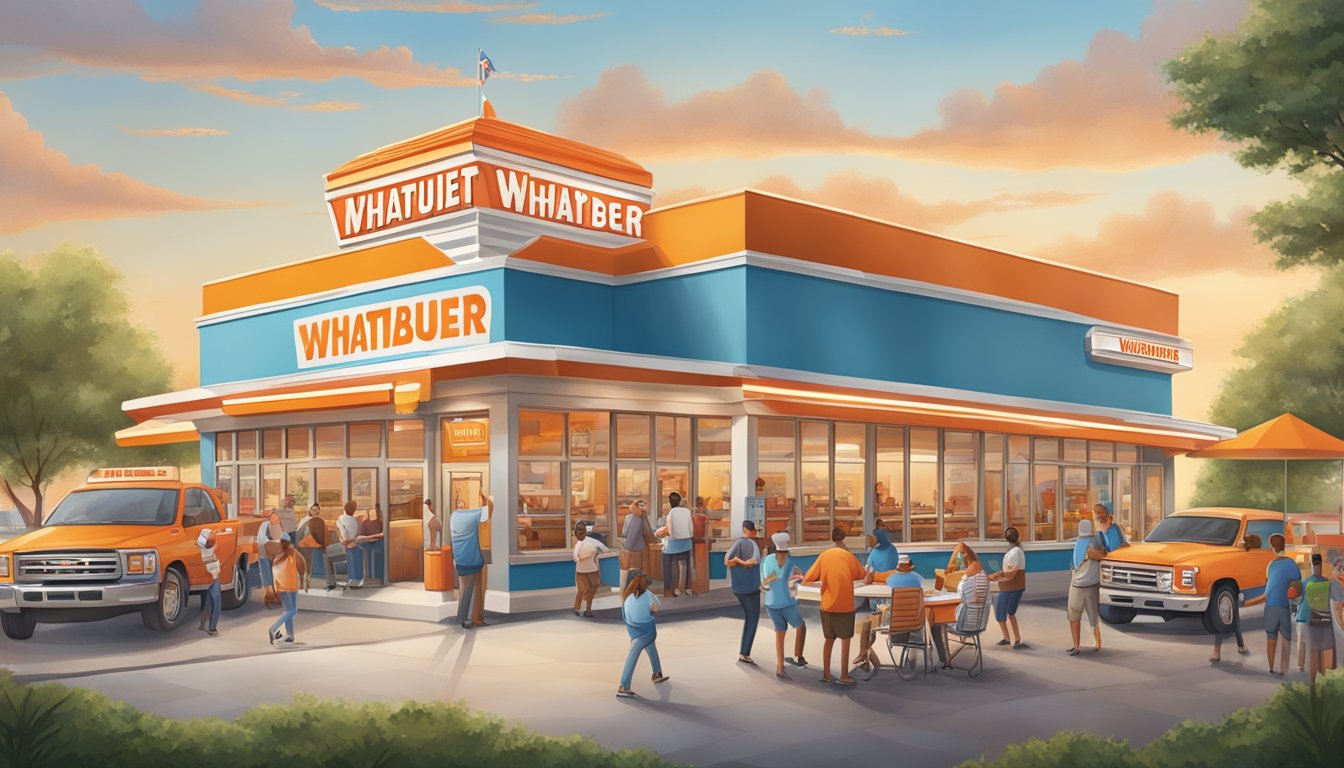 A bustling Whataburger restaurant surrounded by Texas landmarks and symbols, with people of all ages enjoying meals and engaging in community activities