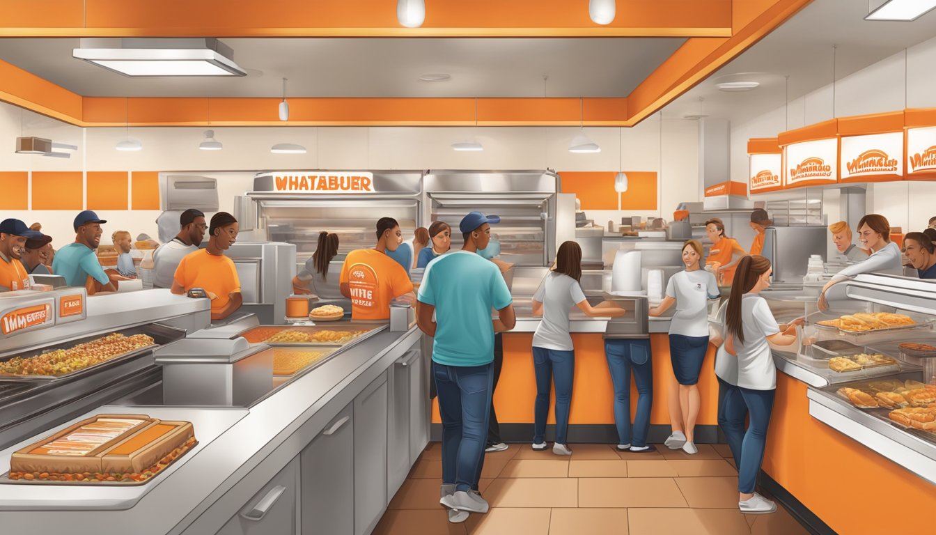 A bustling Whataburger restaurant with a line of customers, a charity donation box, and employees serving up innovative Texas-inspired dishes