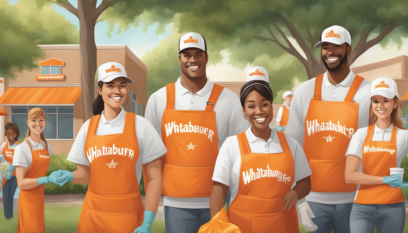 A group of employees wearing Whataburger uniforms participate in a community service event, such as cleaning up a local park or volunteering at a food bank