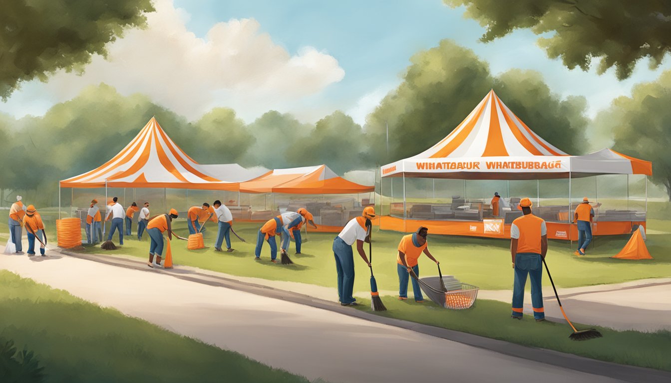 A group of Whataburger employees and volunteers working together to clean up a local park, with the iconic orange and white striped Whataburger tent set up nearby