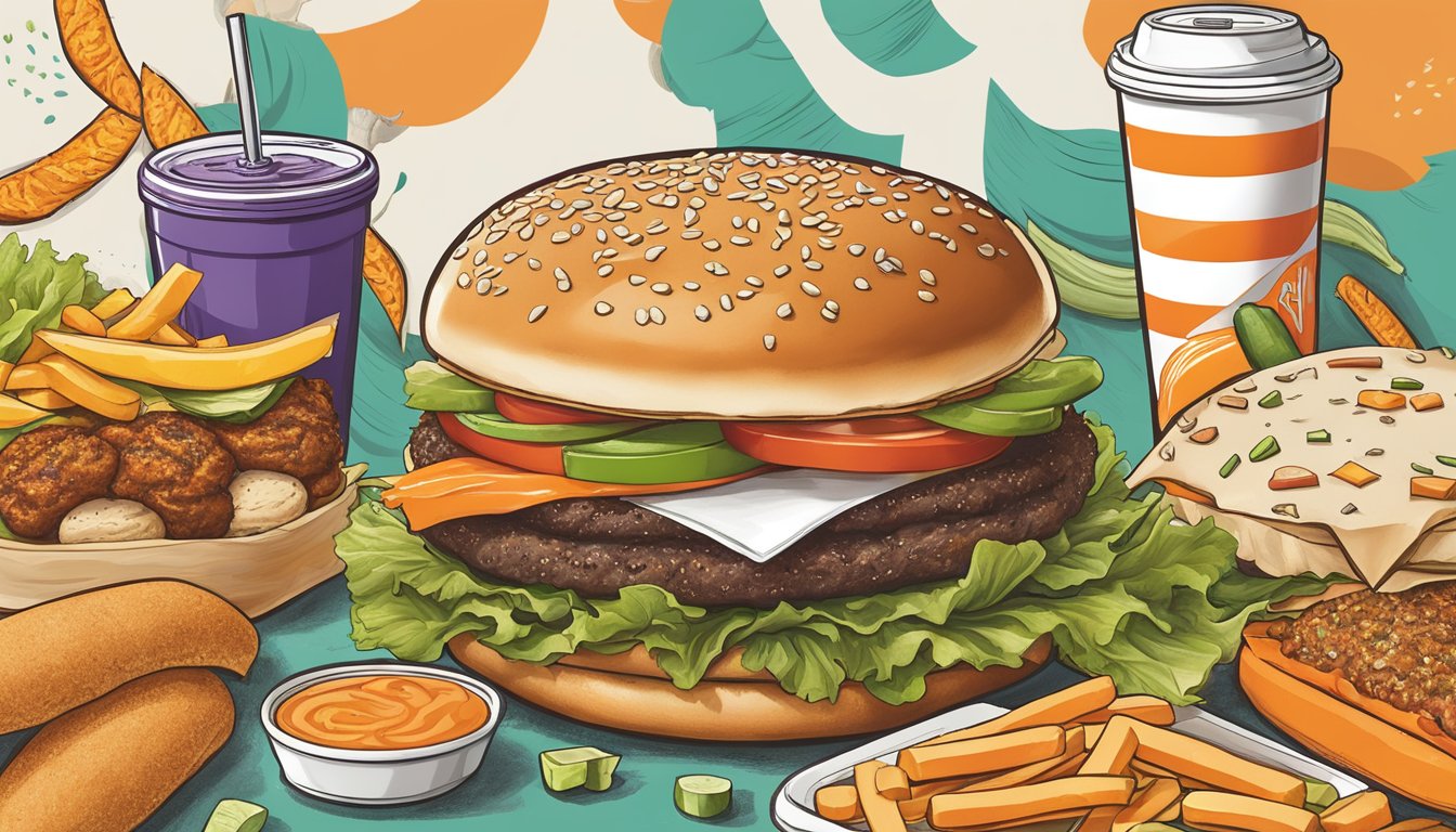 A colorful, modern veggie burger surrounded by traditional Whataburger menu items, showcasing the evolution of the menu