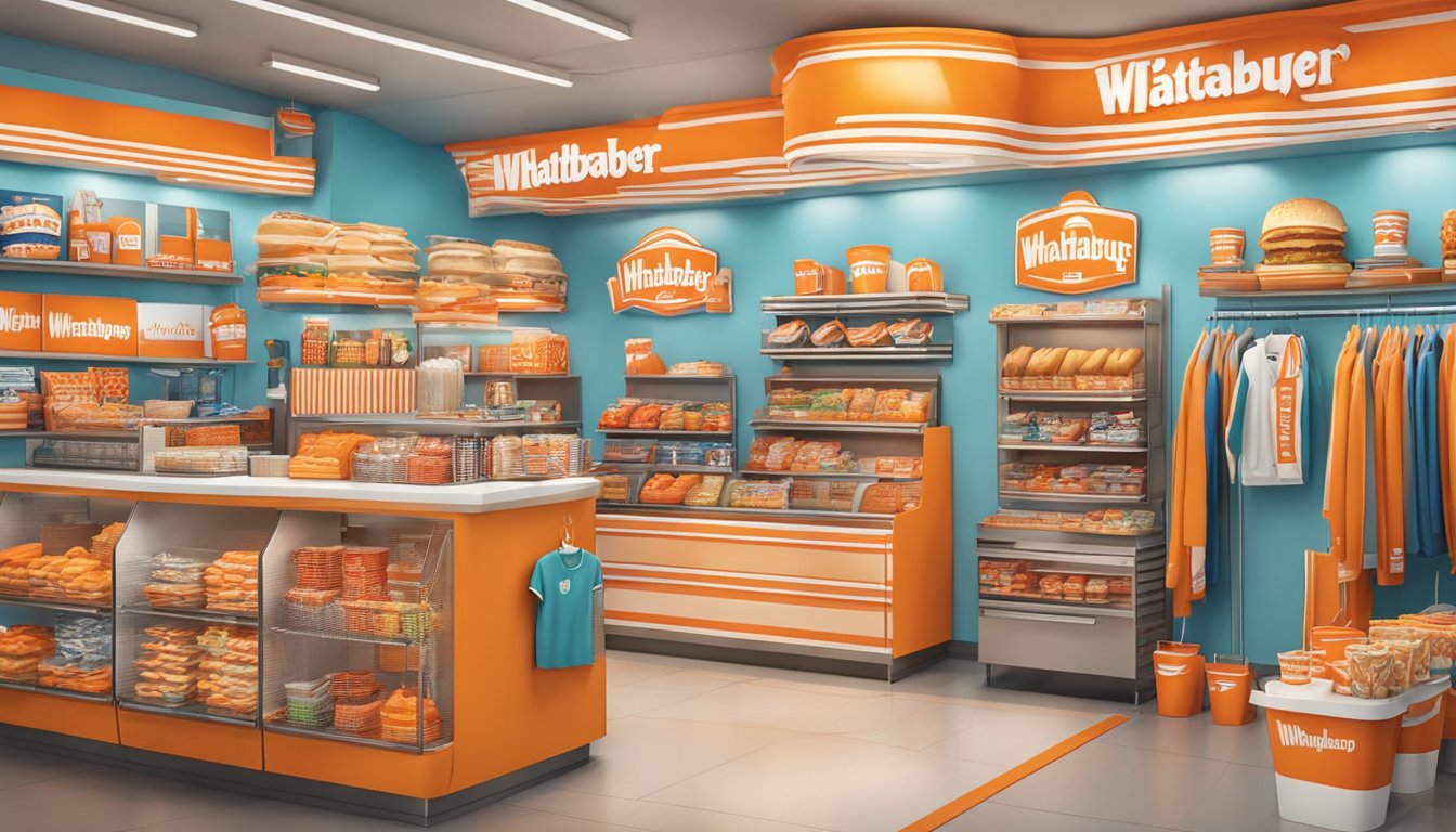 A colorful display of Whataburger merchandise, including clothing, accessories, and collectibles, arranged in a trendy fast food-themed store