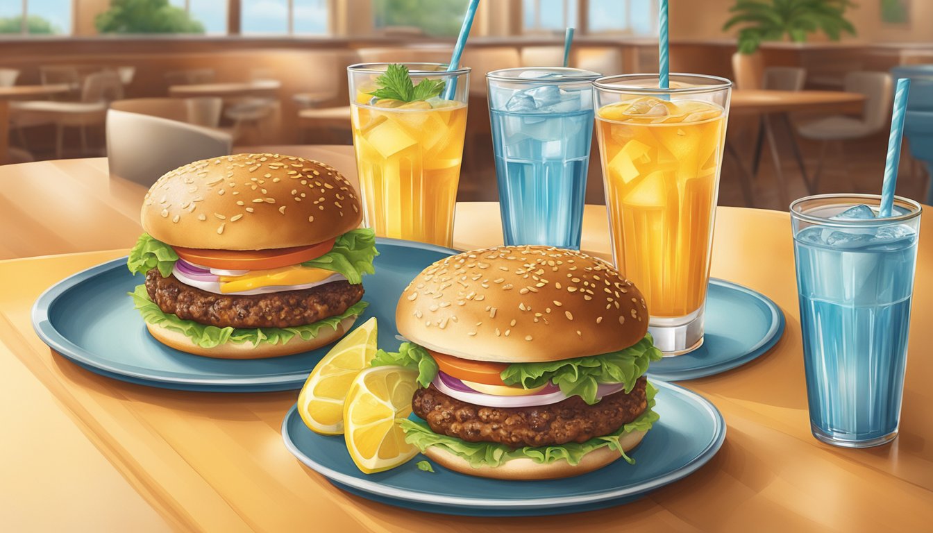 A table set with a Whataburger Veggie Burger, accompanied by a variety of beverages such as iced tea, lemonade, and water