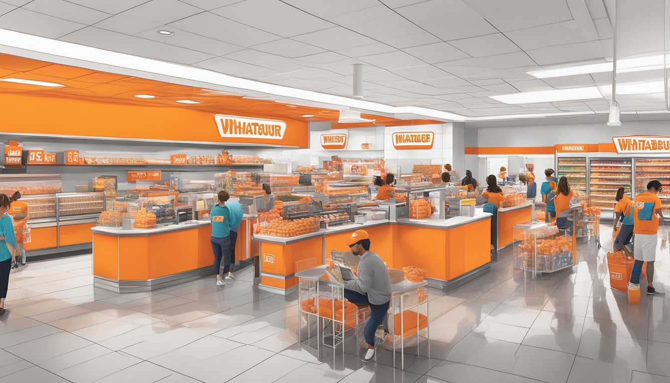 The Whatastore is bustling with customers browsing and purchasing Whataburger merchandise, from t-shirts and hats to mugs and keychains. The vibrant orange and white color scheme of the store creates a lively and energetic atmosphere