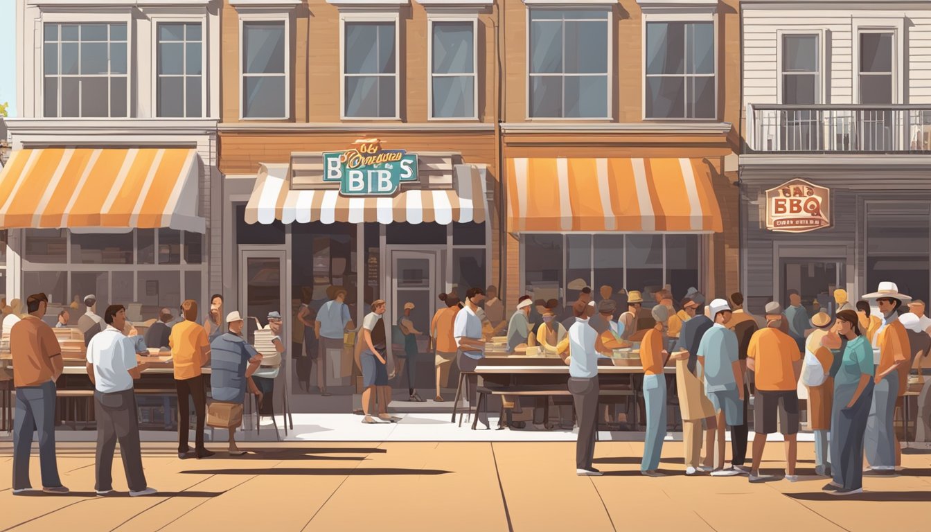 A bustling Texas BBQ joint with a giant orange and white striped sign, as people line up for juicy burgers and sizzling barbecue