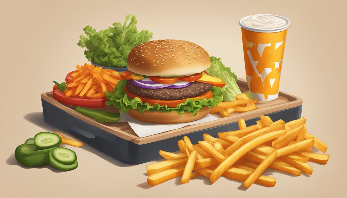 A Whataburger Veggie Burger surrounded by fresh, colorful vegetables and accompanied by a side of golden, crispy fries on a tray