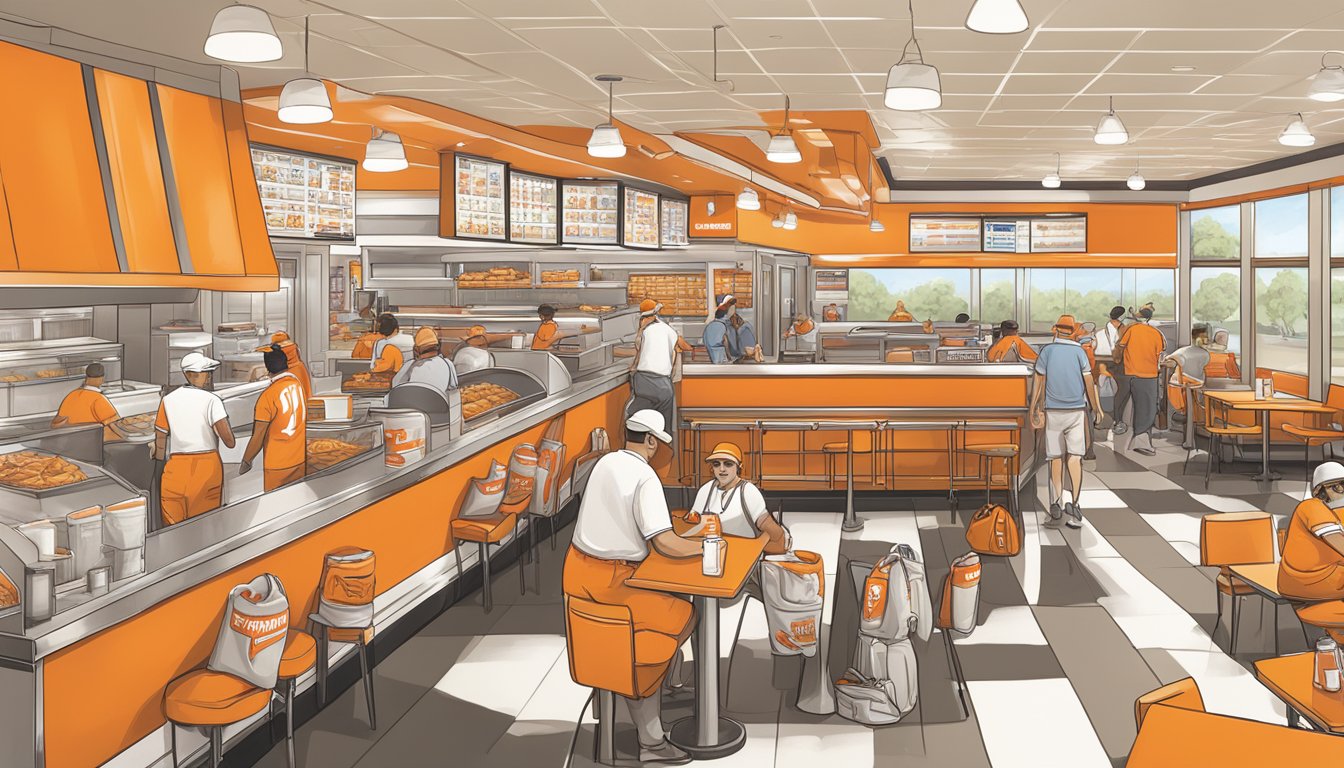 A bustling Whataburger restaurant with customers wearing Whataburger merchandise, including t-shirts, hats, and tote bags. The iconic orange and white color scheme is prominent throughout the scene