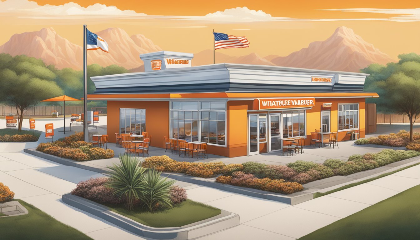 A bustling Whataburger restaurant with a diverse menu, surrounded by iconic Texas BBQ joints, showcasing the brand's influence on the state's BBQ culture