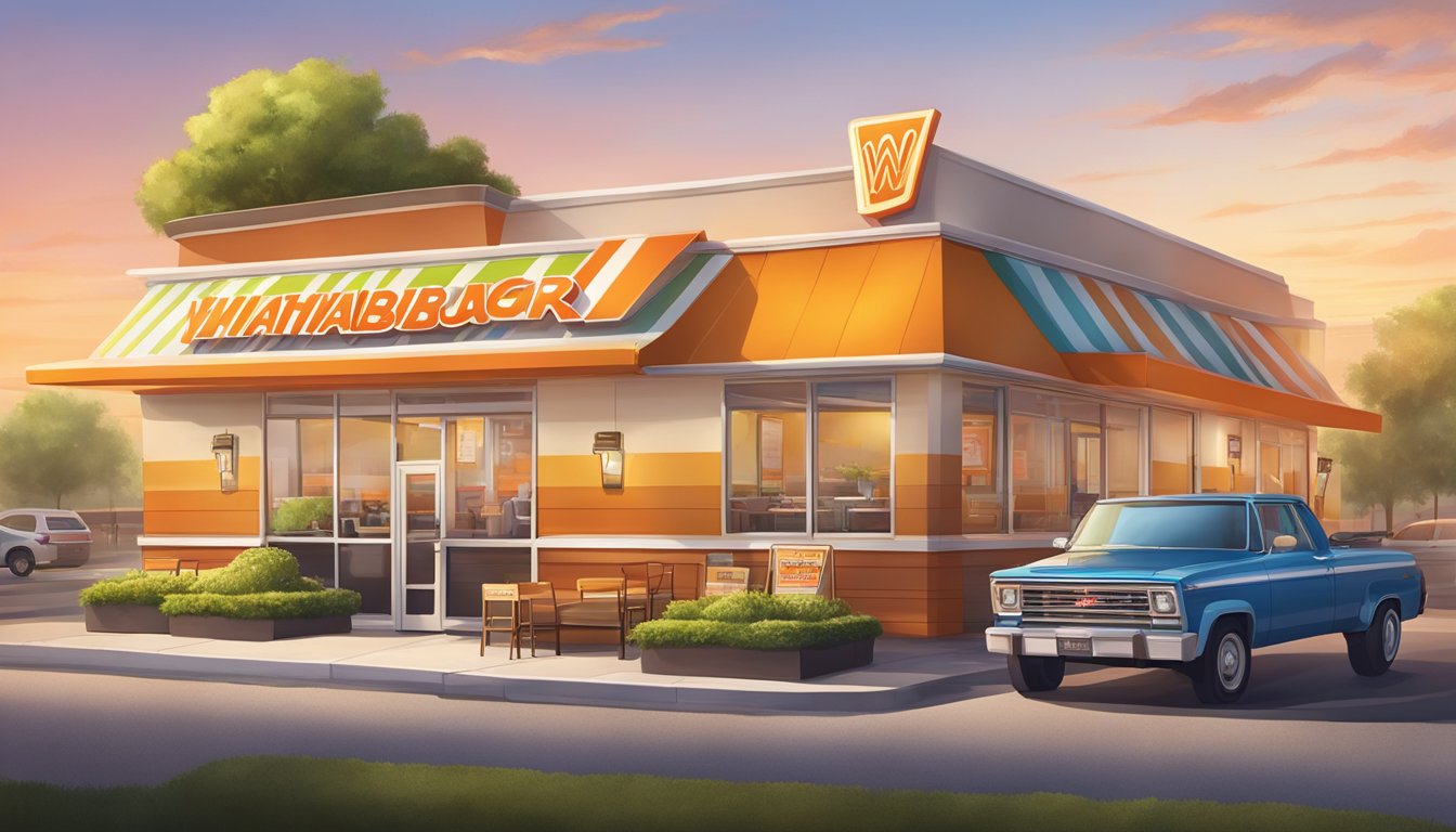 A colorful, bustling Whataburger restaurant with a modern, vibrant atmosphere. A juicy veggie burger topped with fresh, crisp vegetables and served with a side of golden, crispy fries