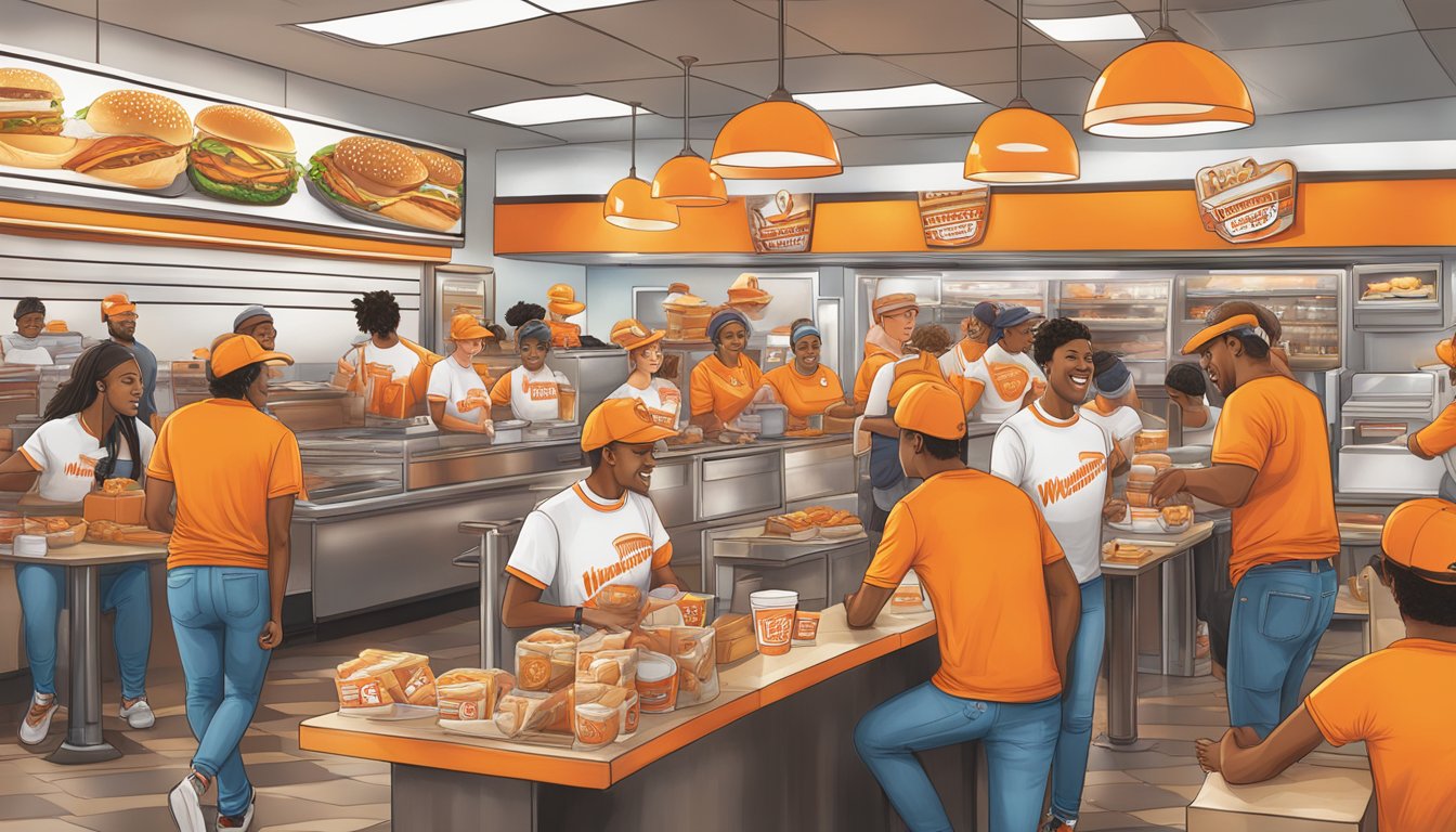 A bustling Whataburger restaurant with customers wearing branded merchandise, from t-shirts and hats to keychains and mugs, creating a vibrant and loyal fan community