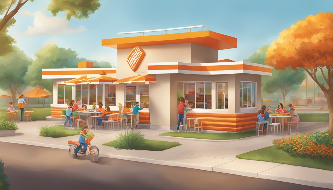 A colorful and playful scene at a Whataburger restaurant, with happy children and families enjoying the new Veggie Burger amidst traditional and modern decor