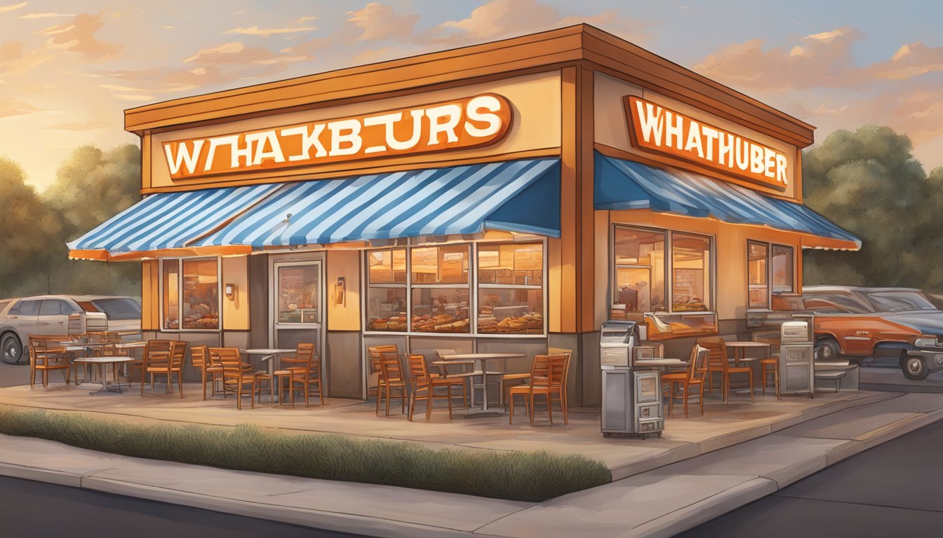 A bustling Whataburger restaurant surrounded by iconic Texas BBQ joints, with the aroma of smoked meats filling the air