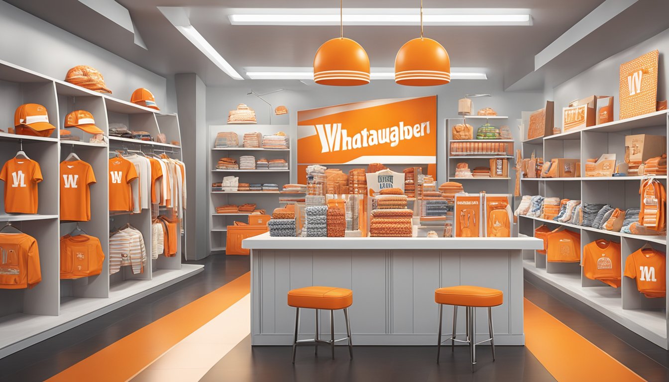 A colorful display of Whataburger merchandise, including clothing, accessories, and collectibles, arranged in a trendy fashion boutique setting