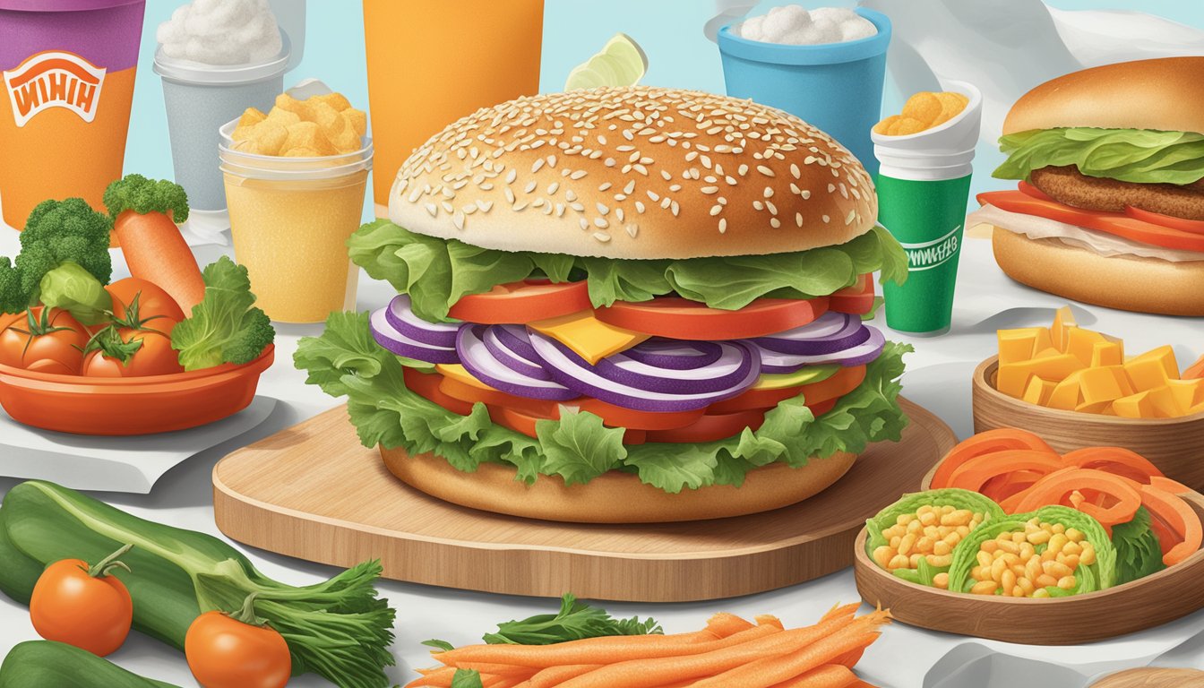 A colorful array of fresh vegetables and plant-based ingredients arranged on a sesame seed bun, with the iconic Whataburger logo in the background