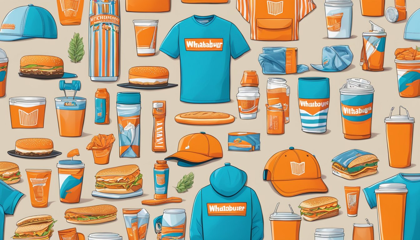 A colorful display of Whataburger merchandise, including clothing, accessories, and collectibles, arranged in a trendy and eye-catching manner