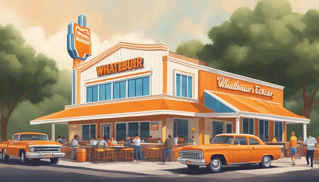 A Whataburger sign towering over a bustling Texas BBQ joint, with customers enjoying both iconic Texas cuisines in a lively, outdoor setting