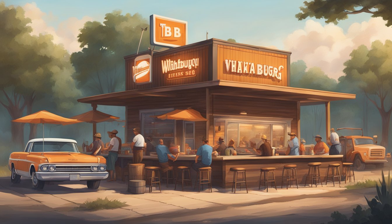 A rustic Texas BBQ joint with a prominent Whataburger sign, surrounded by locals enjoying smoked meats and classic Southern sides