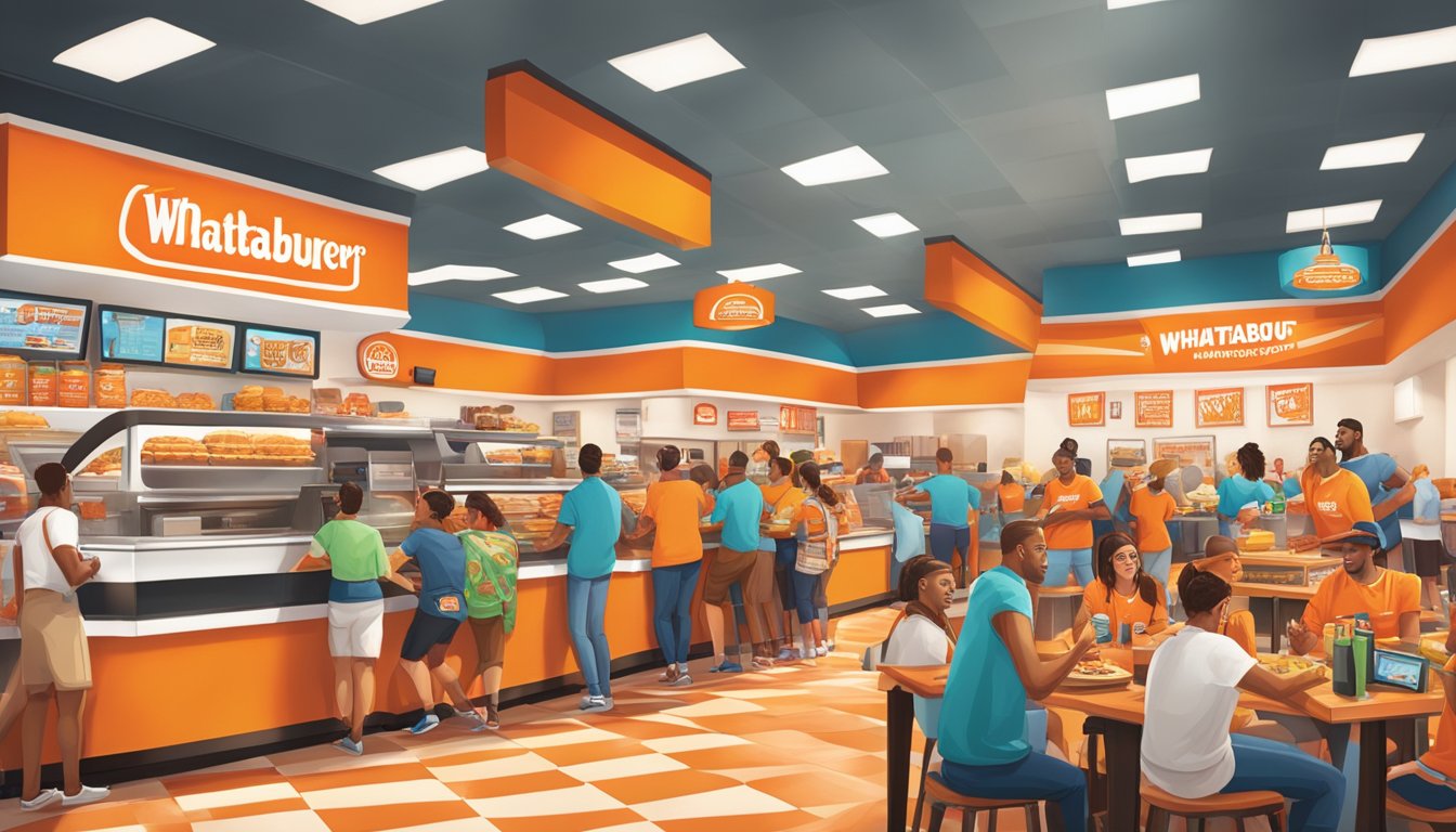 A bustling Whataburger restaurant with customers wearing Whataburger-themed clothing and accessories, surrounded by merchandise displays and a vibrant, energetic atmosphere