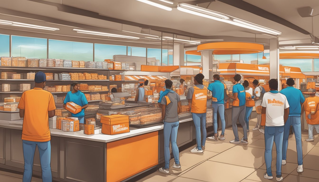 A crowded Whataburger merchandise store with customers browsing, staff assisting, and packages being prepared for shipping