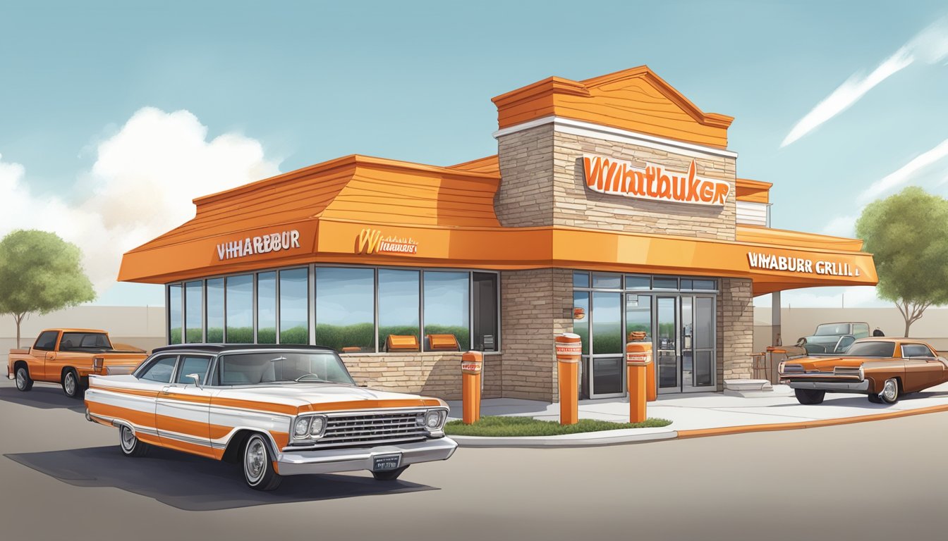 A bustling Whataburger restaurant with a line of customers, a sizzling grill, and the aroma of BBQ filling the air