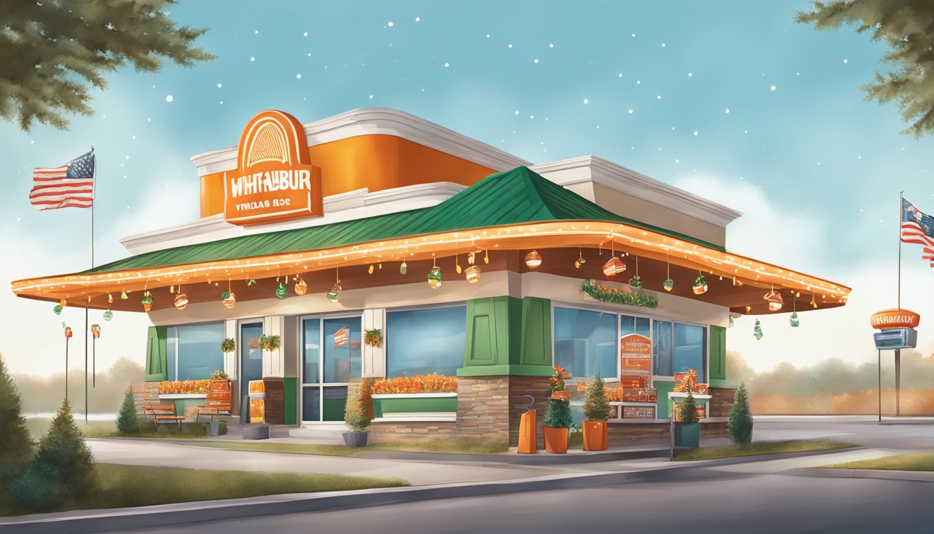 A festive Whataburger restaurant with Texas-style holiday decorations and a bustling drive-thru line