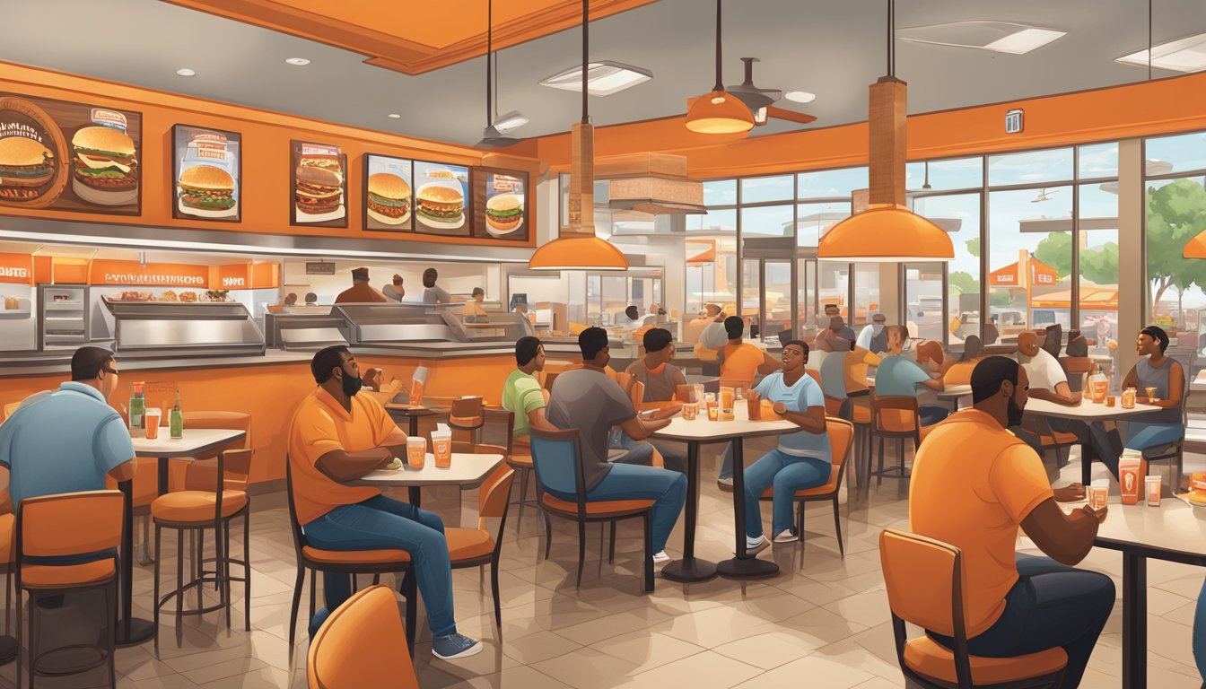 A bustling Whataburger restaurant surrounded by iconic Texas BBQ joints, with customers enjoying their meals and the scent of smoked meats filling the air