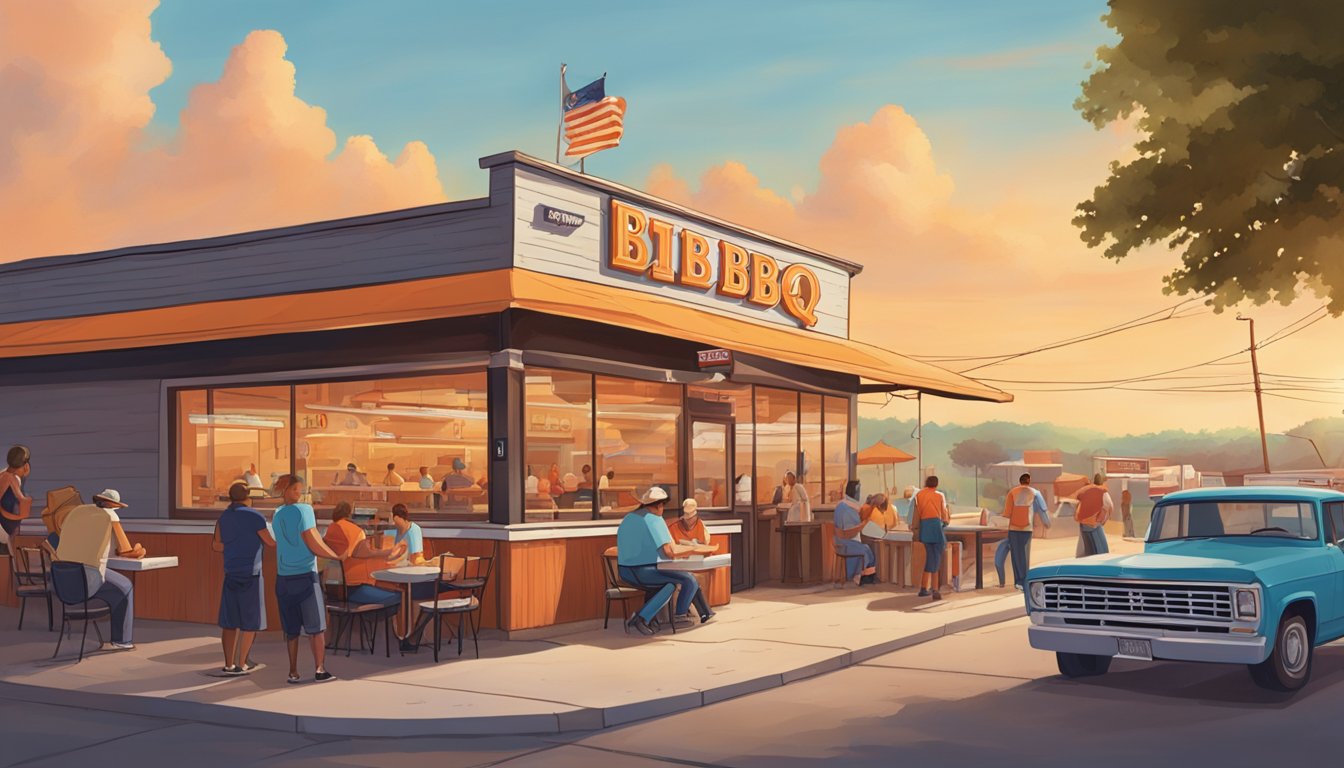 A bustling Texas BBQ joint with a Whataburger sign in the background, locals and tourists enjoying the food and vibrant atmosphere