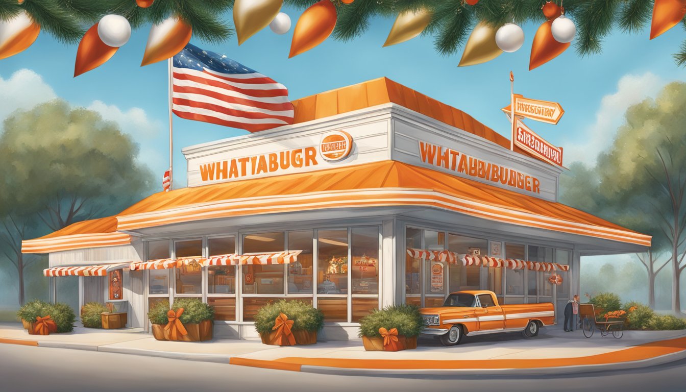 A festive Whataburger restaurant decked out in holiday decorations, with iconic Texas symbols and signature ingredients featured prominently