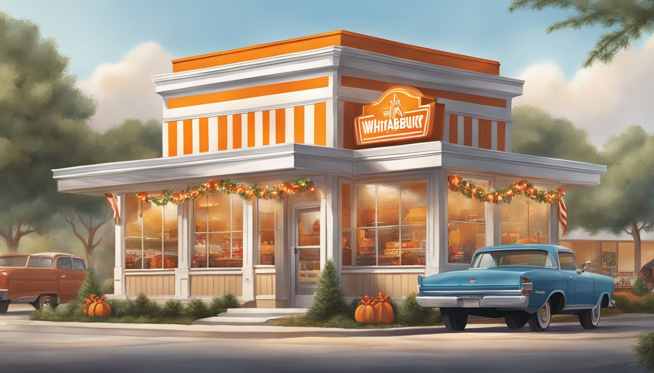 A festive Whataburger restaurant adorned with Texas-themed holiday decorations and serving traditional Texas-style holiday dishes