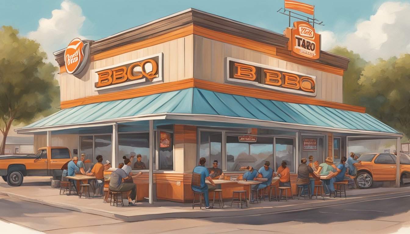 A bustling Texas BBQ joint with a prominent Whataburger sign, locals enjoying smoked meats, and a sense of pride in the influence of the iconic fast-food chain on the state's BBQ culture