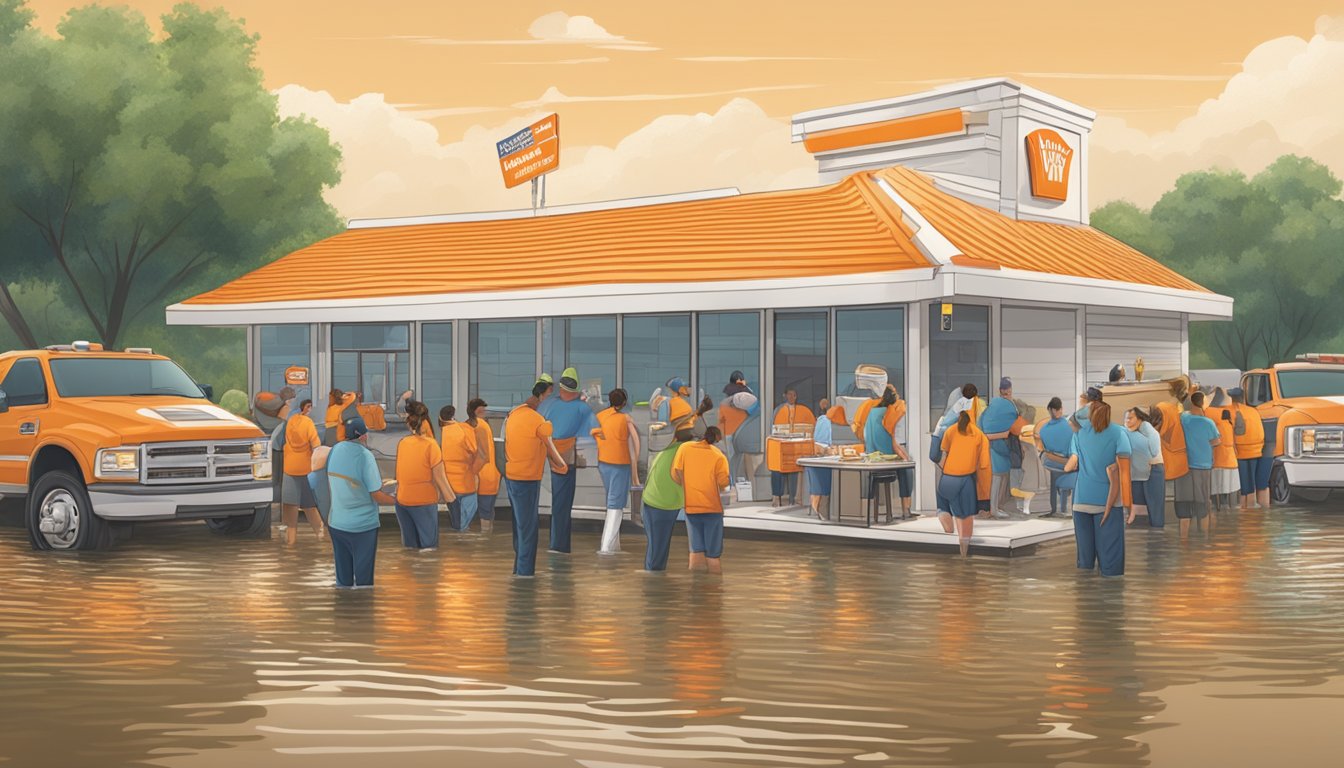 A Whataburger restaurant surrounded by floodwaters, with employees and volunteers distributing food and supplies to affected residents