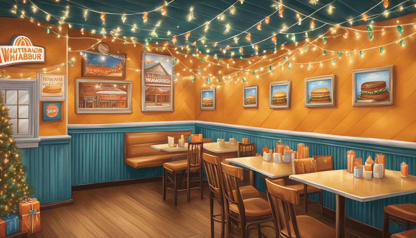 A festive Whataburger restaurant decked out in Texas-themed holiday decor, with cowboy boots, cowboy hats, and strings of twinkling lights adorning the walls and ceiling