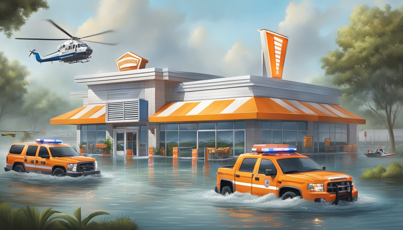 A Whataburger restaurant surrounded by floodwaters, with emergency vehicles and helicopters providing aid and support