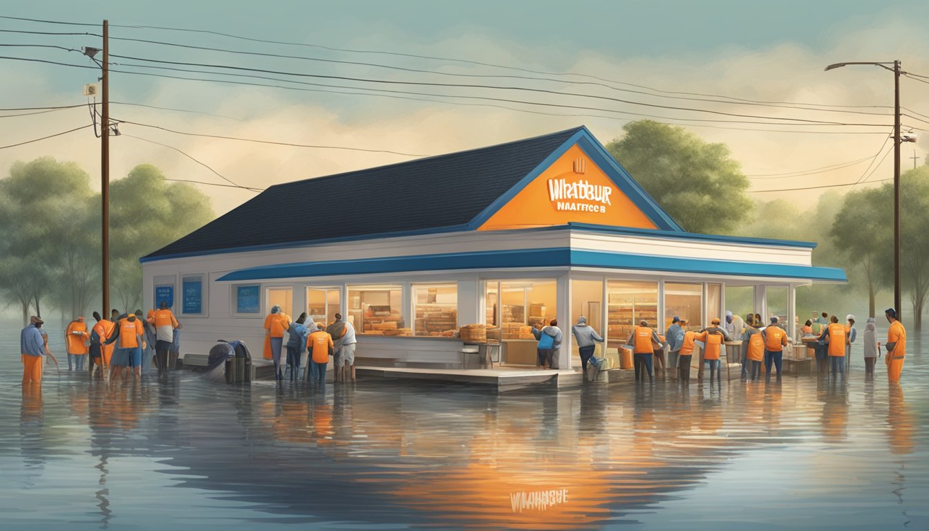 A Whataburger restaurant surrounded by floodwaters, with a team of volunteers and staff distributing food and supplies to those affected by the natural disaster