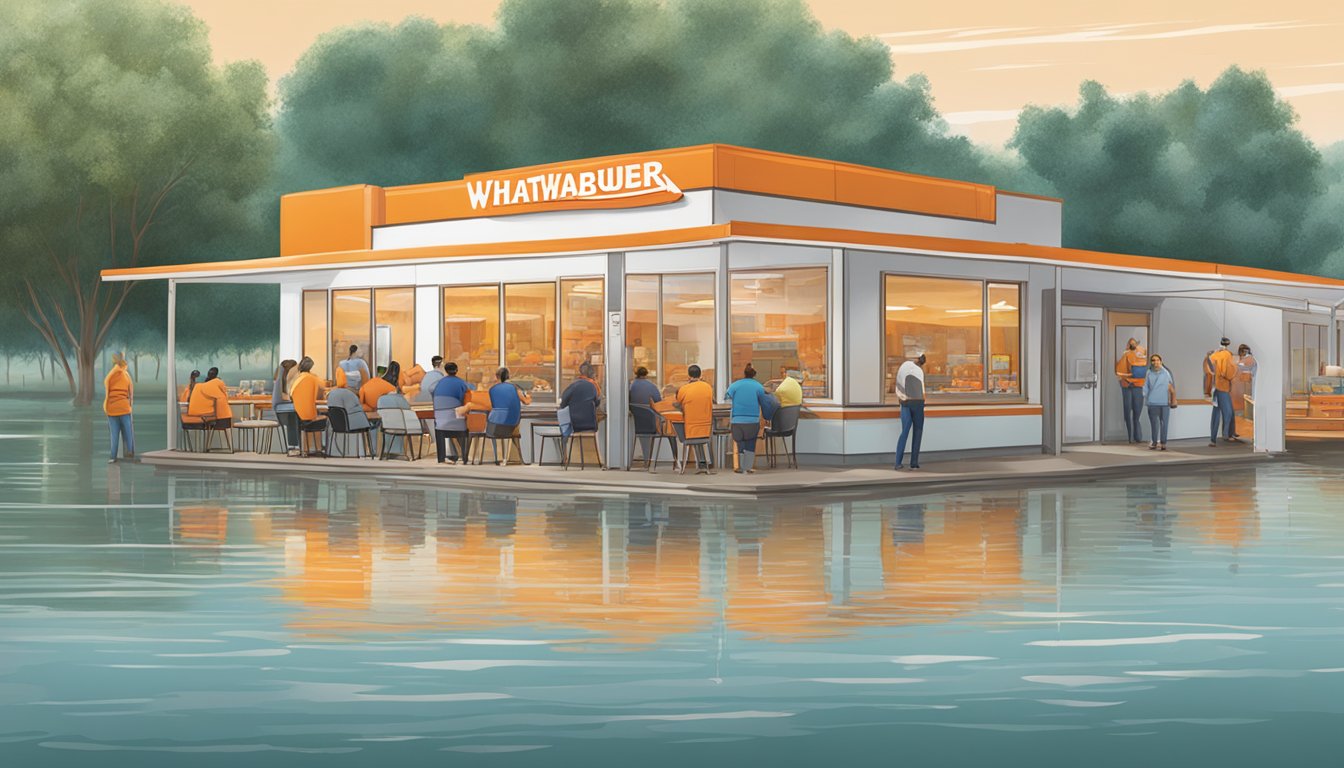 A Whataburger restaurant surrounded by floodwaters, with employees and volunteers distributing hot meals to displaced families