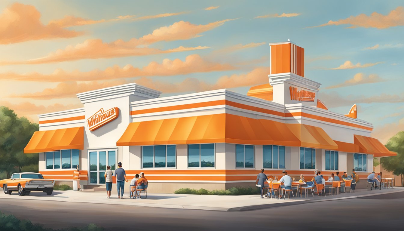 A bustling Whataburger restaurant with a family of loyal customers enjoying their meals, while the iconic orange and white striped building stands proudly in the background