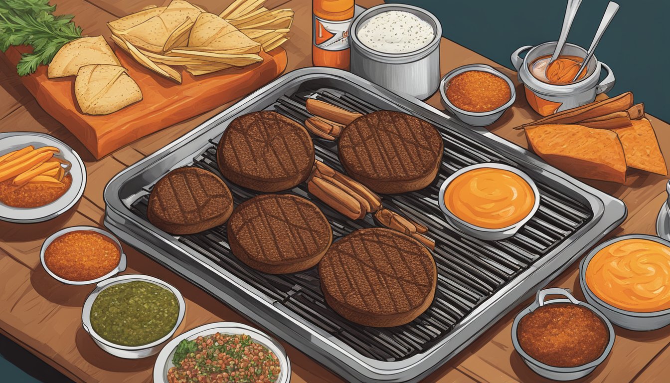 A sizzling grill with Texas-inspired ingredients, a colorful array of spices, and a stack of Whataburger-themed recipe books