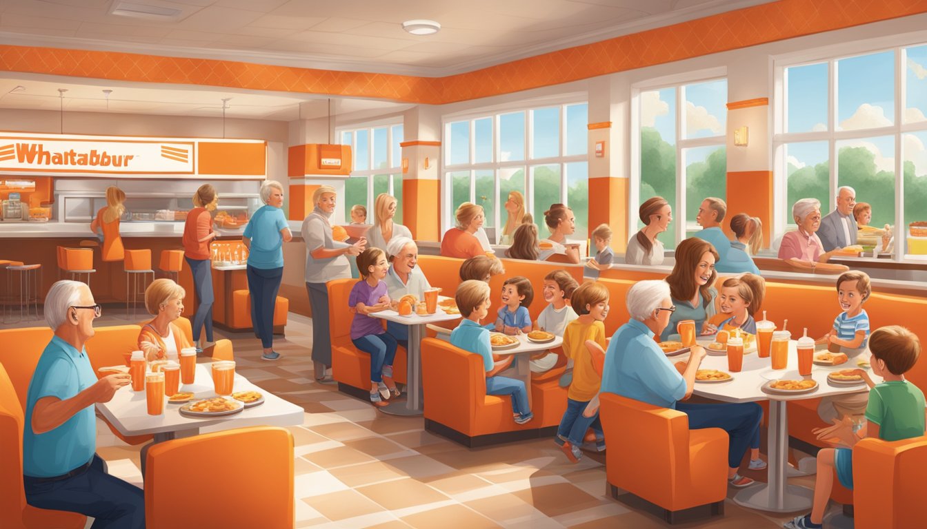 A family gathering at a Whataburger restaurant, with grandparents, parents, and children enjoying their meals together, surrounded by iconic orange and white decor