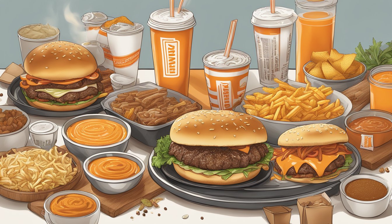 A sizzling Whataburger meal, surrounded by iconic Texas ingredients and spices, with a menu being unwrapped in anticipation