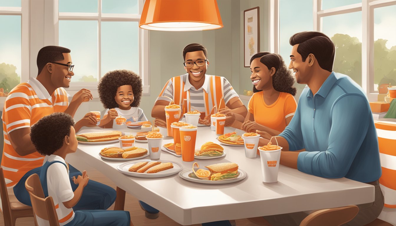 A family gathered around a table, enjoying a meal from Whataburger, with the iconic orange and white striped cups and wrapping paper visible