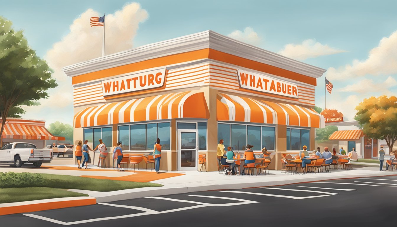 A bustling Whataburger restaurant with families enjoying meals together, iconic orange and white striped building, and a sense of community and tradition