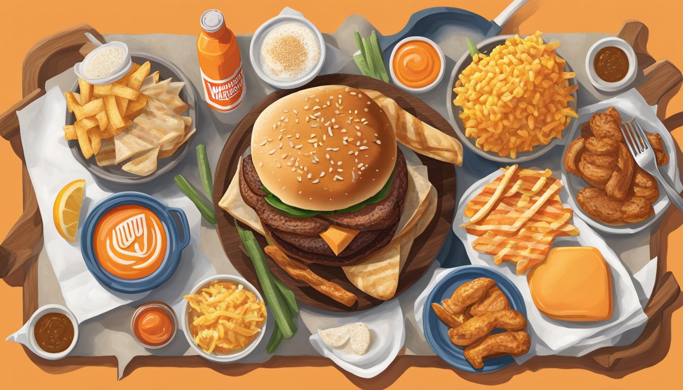 A sizzling grill with a variety of Texas-inspired ingredients, surrounded by the iconic orange and white colors of Whataburger