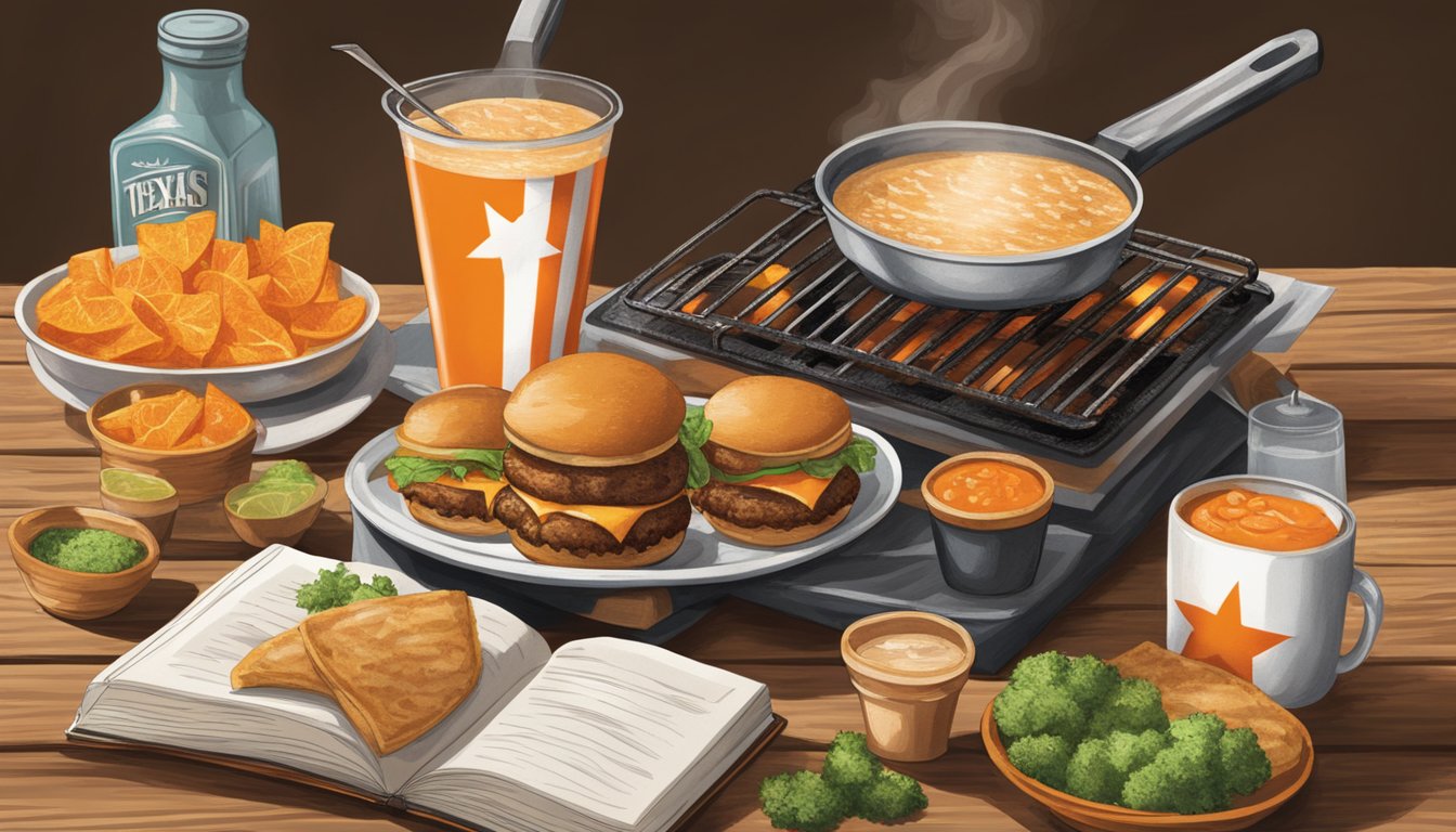 A sizzling grill with Texas-inspired ingredients, a stack of Whataburger's iconic orange-and-white striped cups, and a collection of recipe books on a rustic wooden table