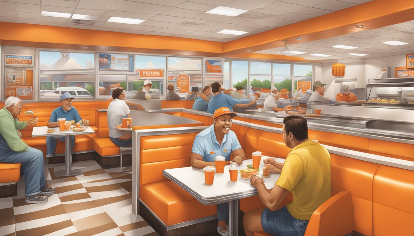 A bustling Whataburger restaurant with a mix of old and new customers enjoying their meals amidst the iconic orange and white decor